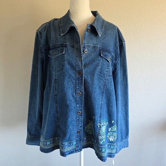 NEW Alfred Dunner Jean Jacket Blue Denim Embroidered Stretch Ramie Plus Size 18 - Picture 1 of 11